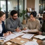 A human resources team meeting in a modern office, discussing hiring plans and employee documents around a table.