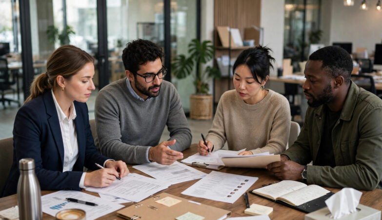 A human resources team meeting in a modern office, discussing hiring plans and employee documents around a table.