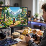 A gamer holding a controller in front of a screen showing a colourful adventure game, with a headset and snacks on the desk.