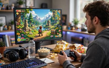A gamer holding a controller in front of a screen showing a colourful adventure game, with a headset and snacks on the desk.