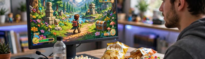 A gamer holding a controller in front of a screen showing a colourful adventure game, with a headset and snacks on the desk.