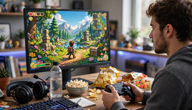 A gamer holding a controller in front of a screen showing a colourful adventure game, with a headset and snacks on the desk.