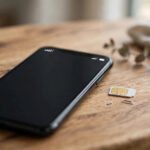 A smartphone showing a mobile network signal and a SIM card beside it on a desk, representing a UK SIM-only deal.