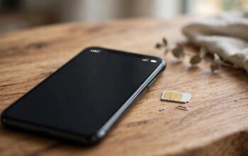 A smartphone showing a mobile network signal and a SIM card beside it on a desk, representing a UK SIM-only deal.