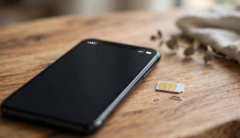 A smartphone showing a mobile network signal and a SIM card beside it on a desk, representing a UK SIM-only deal.