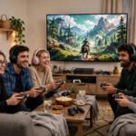 Friends playing an online multiplayer game together on a large screen, with controllers and headsets, in a living room.