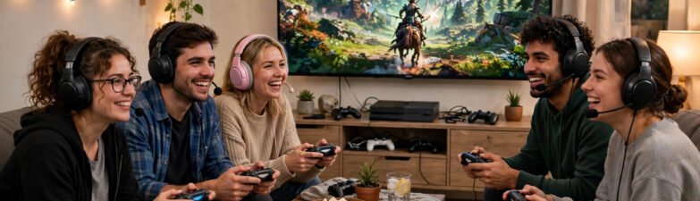 Friends playing an online multiplayer game together on a large screen, with controllers and headsets, in a living room.