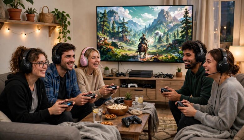Friends playing an online multiplayer game together on a large screen, with controllers and headsets, in a living room.