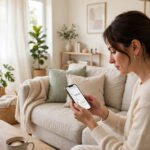 Person comparing mobile phone deals on a smartphone in a bright living room