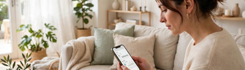 Person comparing mobile phone deals on a smartphone in a bright living room