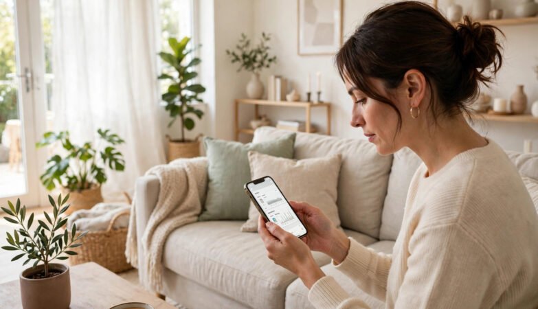 Person comparing mobile phone deals on a smartphone in a bright living room